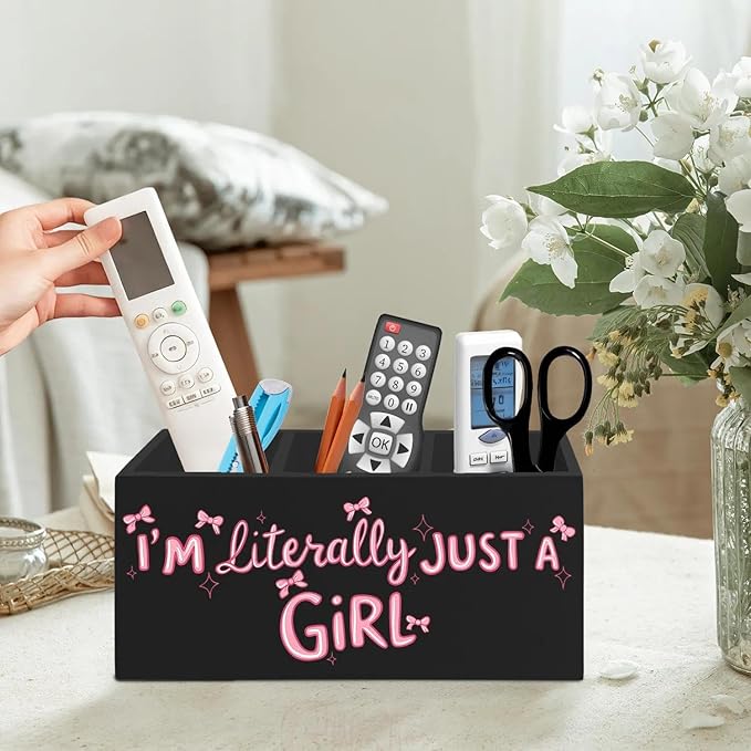 Coquette Pink Bow Pen Pencil Holder Organizer for Desk Accessories, Preppy Girly Room Decor, I'm Literally Just a Girl Wooden Box Signs Decorations for Girls Bedroom Room Dorm Desk Tabletop