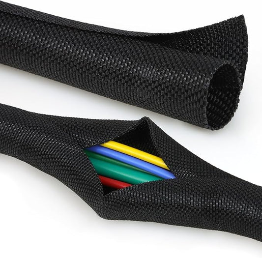 Split Braided Cable Sleeve，Flexible Wire Loom Tubing, Automotive Cord Protector Pet Proof, Cable Management for Computer TV Electric Wires Harness 16ft (Black, 16mm（5/8")