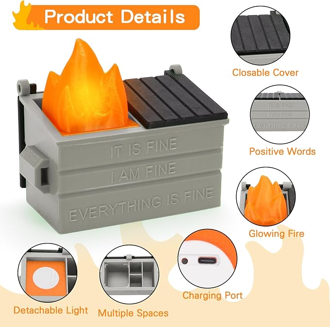 Dumpster Pencil Holder with Flame Light and Charging Port Dumpster Pen Holder Desk Accessories for Office Christmas Decor (Gray, 1P)