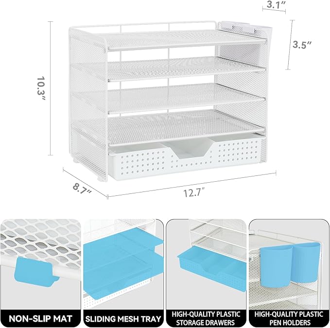 Desk Organizer and Accessories, 5-Tier Paper Letter Tray Organizer with Drawer & 2 Pen Holders for Desktop File Organization, Office Desk Accessories for Supplies Storage (White)