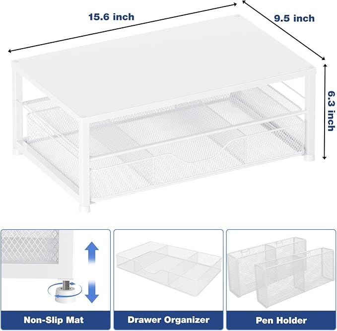 OPNICE Desk Organizers and Accessories, 2-Tier Computer Monitor Stand Riser with Drawer and 2 Pen Holders, Laptop Stand, Office Desk Accessories for Office Supplies, White