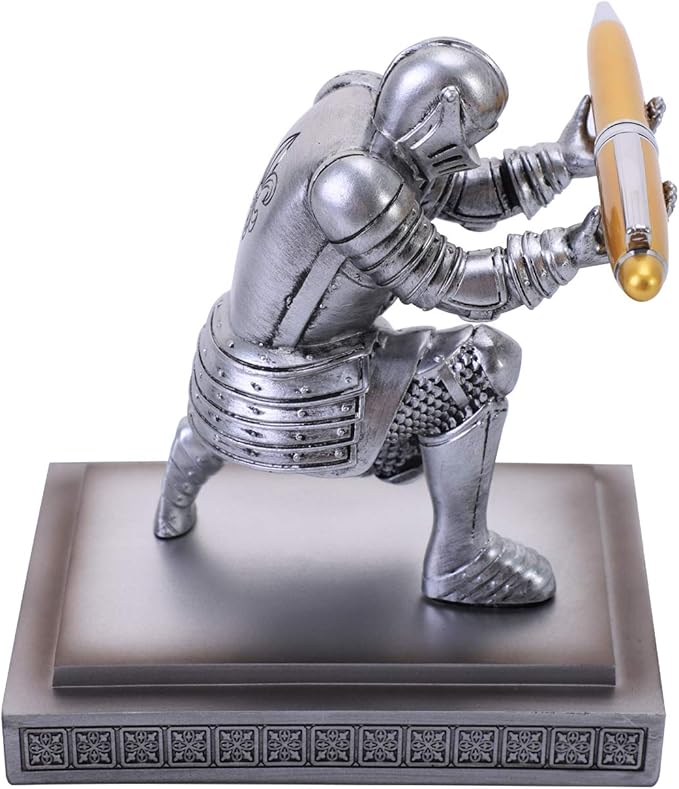 Knight Pen Holder Desk Ornament Resin Pencil Holders Desk Accessories and Organizer For Men with a Cool Pen (Silver)