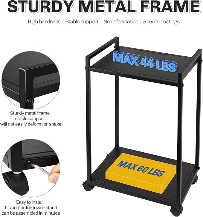 Liitrton Computer Tower Stand, 2-Tier PC Stand with Lockable Wheels CPU Holder Under Desk for Office Home (M)