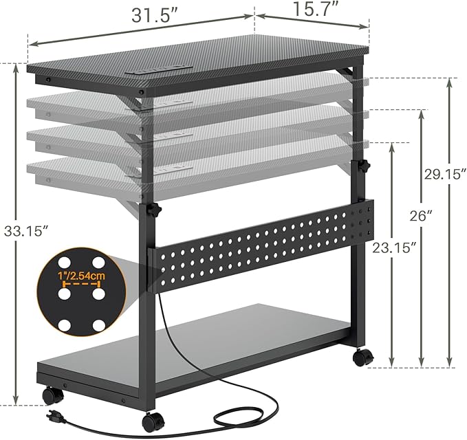 32" Large Computer Tower Stand with Power Strips, 4 Levels Manual Height Adjustable PC Tower Stand for Under Desk, Mobile Rolling CPU Holder Computer Cart with Wheels, Carbon Fiber Black