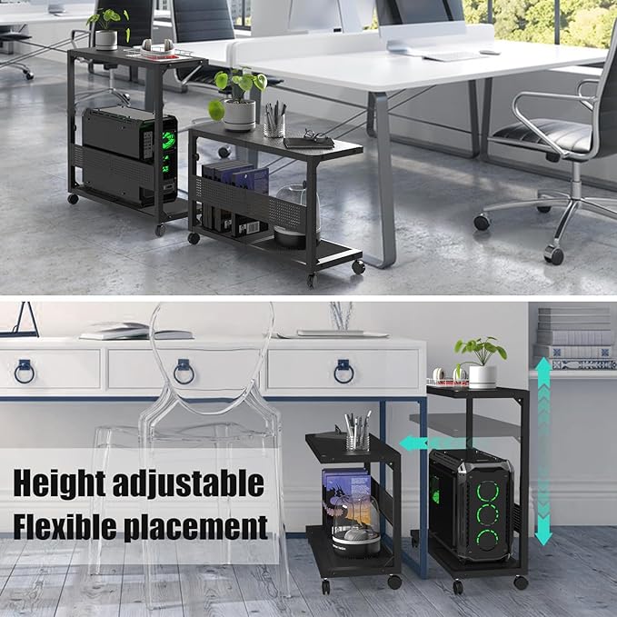 Moricher Computer Tower Stand - Height Adjustable 2-Tier ATX-Case PC Stand Printer Rack Pegboard with Rolling Wheels & Mousepad for Home Office Gaming Accessories