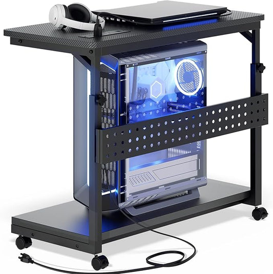 32" Large Computer Tower Stand with Power Strips, 4 Levels Manual Height Adjustable PC Tower Stand for Under Desk, Mobile Rolling CPU Holder Computer Cart with Wheels, Carbon Fiber Black