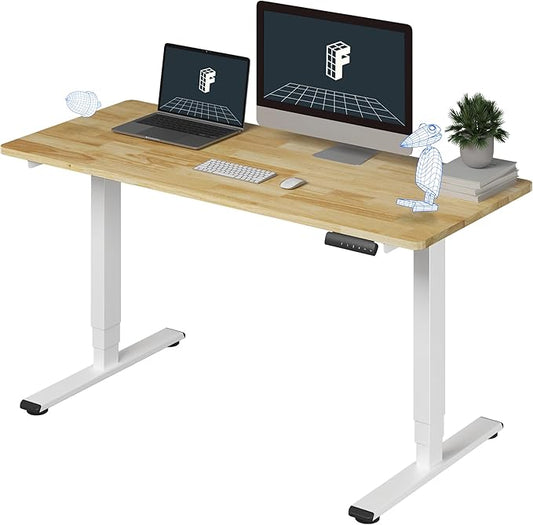 FlexiSpot E6 Solid Wood 3-Stage Dual Motor 55 x 24 Electric Standing Desk, Holds 220 lbs, Adjustable Height w/ Memory Presets, Butcher Block Rubberwood Desktop & White Frame, Ships in 2 Boxes