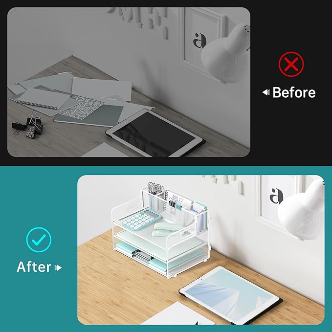 SUPEASY 3 Tier Desk Organizer with Handle & 3 Pen Holders, Mesh Paper/File Organizer for Desk, Paper Letter Tray Organizer for Office Supplies (White), 1 Pack, 3CST-3PH