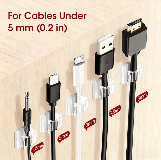 120PCS Heavy-Duty Adhesive Cable Clips, Clear Traceless Cord Organizer & Wire Holders for Wall, Desk, Car, LED Strips and Outdoor Lights (Small)