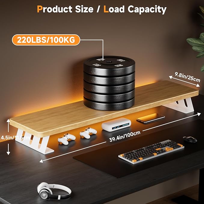 Dual Monitor Stand Riser, 39 Inch Large Wood Monitor Stands for 2 Monitors, Desk Monitor Riser for Computer/Laptop/Printer/TV, Stand Riser up to 220 lbs