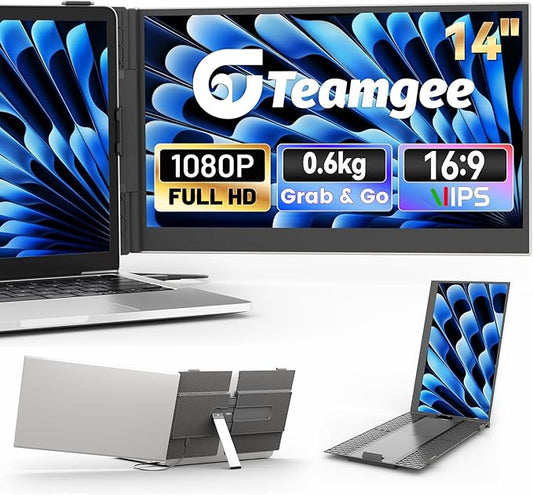 Teamgee 14” Laptop Screen Extender, FHD 1080P Portable Monitor, Ultra-Thin & Lightweight Second Display for Travel, Work, and Gaming, Plug & Play for Mac/Windows/Android/Dex