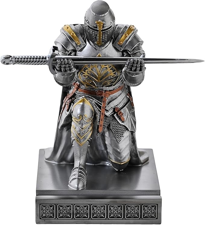 Medieval Templar Vanguard Officer Knight Pen Holder Pen Stand Desk Organizers and Accessories Resin Mobile Phone Stand as Gift for Office and Home Desk Organizer (Silver)