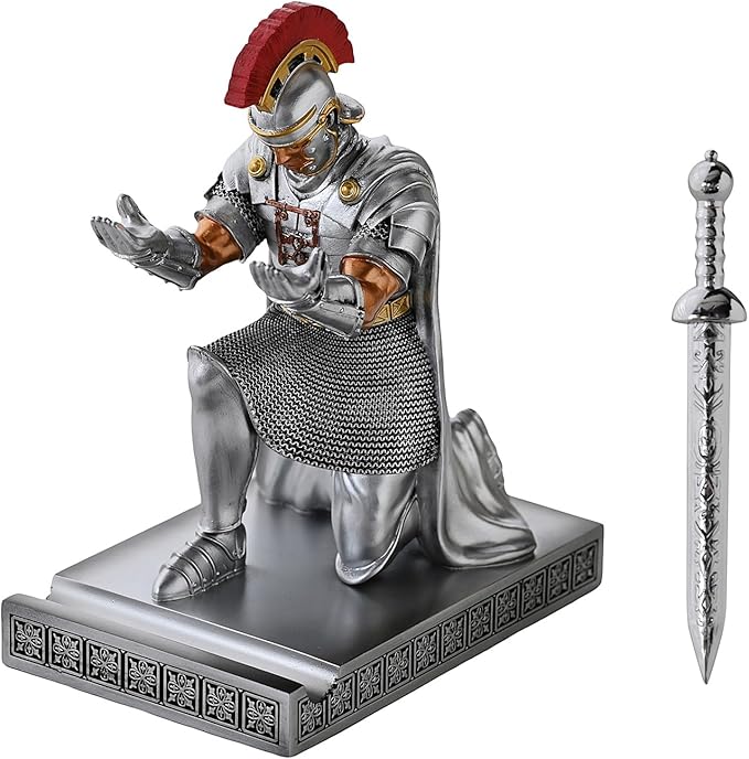 Roman Praetorian Prefect Warrior Knight Pen Holder Desk Ornament Resin Praetorian Guard Mobile Phone Stand Desk Accessories and Organizer for Office with a Letter Opener (Silver)