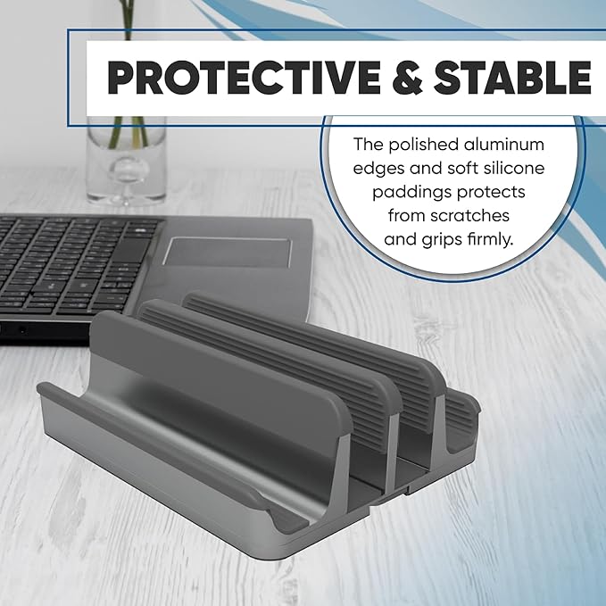 Elestoria 4 - Slot Vertical Laptop Stand - Aluminum Laptop Stand Vertical for Desk - Fits MacBook Pro/Air, Surface, Mobiles & Gaming Laptops up to 17.3" - Heavy Duty Laptop Holder for Desk - Grey