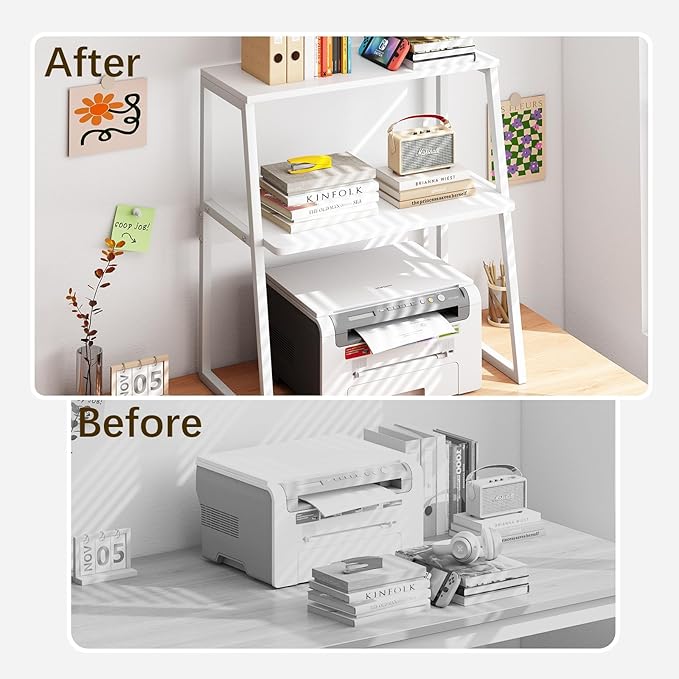 Printer Stand for Desk, Desktop Printer Shelf, 3 Tier Desk Shelf for top of Desk, Large Printer Stands Office Organization Shelves for Home Office Printer Fax Book, White
