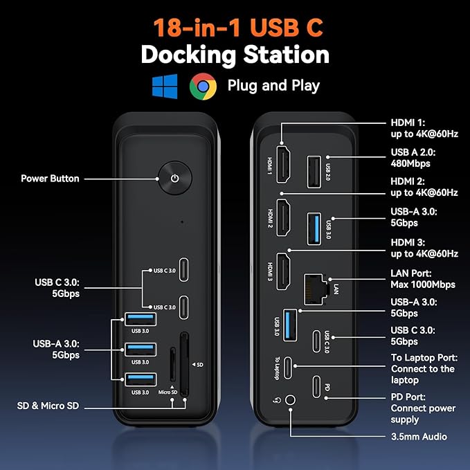 TobenONE 18 in 1 Laptop Docking Station 3 Monitors, Triple 4K Display with 3 HDMI, 9 USB Ports, Gigabit Ethernet, PD3.0, for Windows/Dell/Lenovo/HP/Thinkpad Laptops (No Power Adapter)