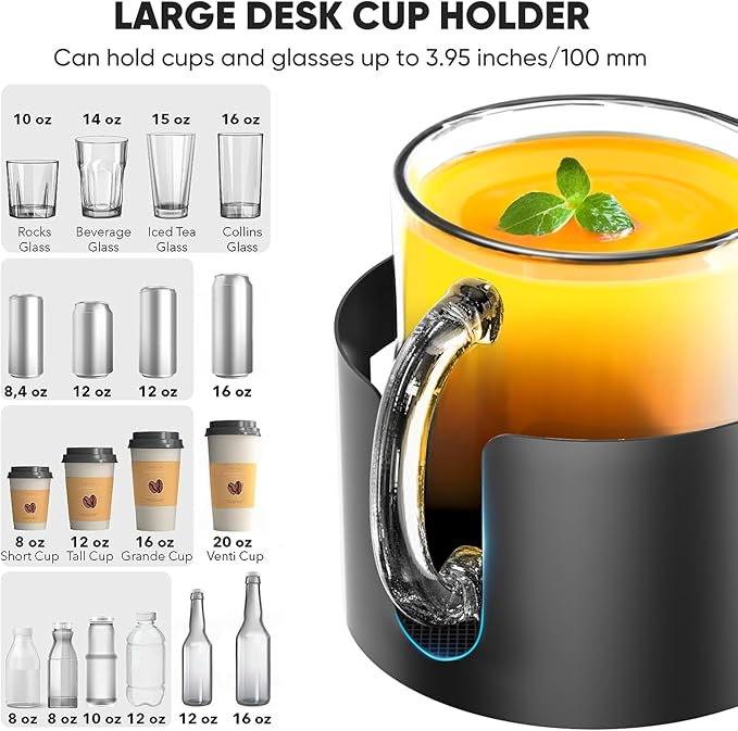Upgraded Large Desk Cup Holder Clamp, OOKUU Anti-Spill Table Cup Holder, Metal Office & PC Gaming Desk Accessories, Compatible with Universal Cup, Bottles, Pencil Holder (Black)