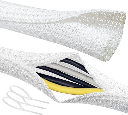 Cable Management Split Wire Loom Sleeve - Cord Hider & Protector for Desk, Pet Chew Proof, Wire Cover Organizer, Flexible Tube for Wires and Cables (5/16 Inch 25FT, White)