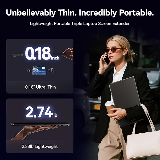 15.3" Laptop Triple Screen Extender Portable, One Cable Connection Laptop Monitor FHD 1080P IPS, Ultra Thin Dual Monitor for 13-17" Laptops, Plug & Play Compatiable with Win/Mac/Chrome/Android/Switch