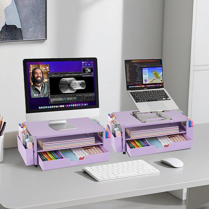 Desk Organizer and Accessories, 2-Tier Computer Monitor Stand Rise with Storage Drawer & 2 Pen Holders, Laptop & Printer Stand for Desktop, Workspace Organizers for Office Supplies (Purple)