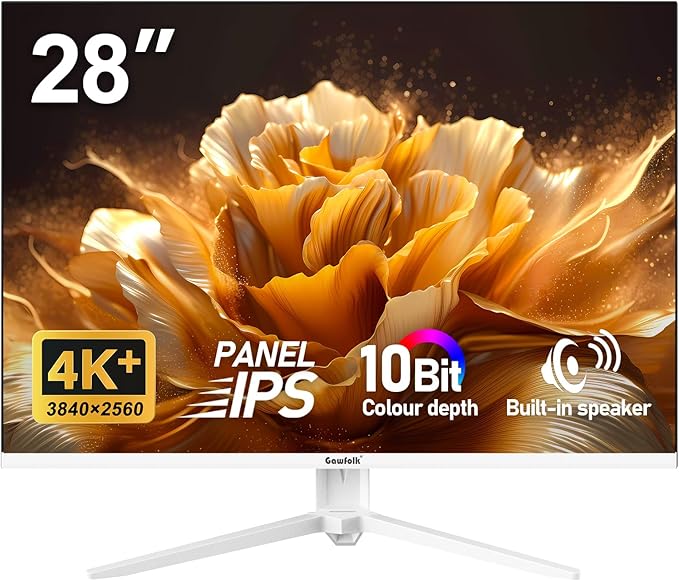 Gawfolk 28 inch UHD 4K Computer Monitor, IPS Ultra HD (3840×2560p) Screen, 3:2, 10Bit, 1.07 Billion Colours, 128% sRGB, Built-in Speakers, 178° Wide Viewing Angle DisplayPort, HDMI, White