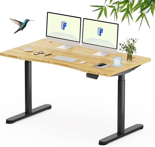 FLEXISPOT Bamboo Electric Standing Desk with Elegant Oval Legs & Curved Desktop, 55"x28" Height Adjustable Desk for Home Office & Living Spaces, Black Frame