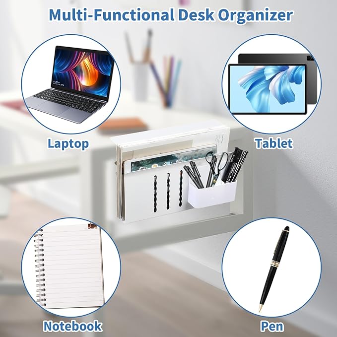 Desk Side Storage, Hanging Desk Organizer with Magnetic Pen Holder, No Drill Vertical Laptop Holder Fits Flat Edge 0.3" to 2.3"