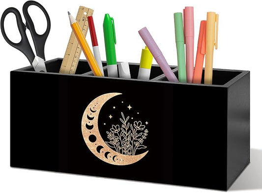Witchy Floral Moon Pen Holder Organizer Desk Decor, Witchy Room Decor, Boho Black Gold Celestial Crescent Moon Phase Wooden Pen Pencil Holders for Home Office Desk Accessories