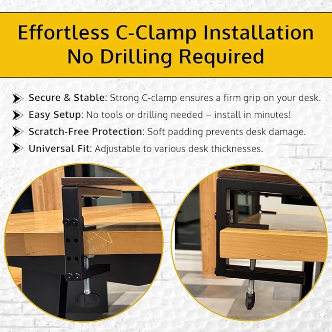 Ergonomic Clamp-On Laptop and Computer Monitor Riser Stand with Drawer, 21.6 x 9.8 inch - Dark Brown|Laptop Stand for Desk, Monitor Riser, Desk Organizer, Office Desk Home Workspace