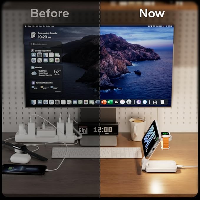 3 in 1 Foldable Wireless Travel Charging Station for MagSafe, Nightstand Magnetic Charger Stand for iPhone 17 16 15 14 Pro Max, Charging Dock with Night Light for Apple Watch/AirPods (White)