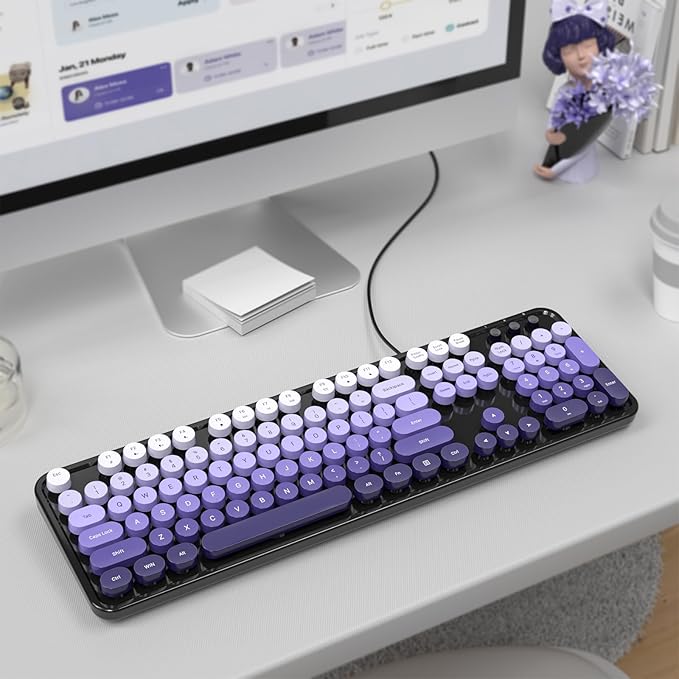 MOFII Computer Keyboards Wired, Plug Play USB Full Size Typewriter Keyboard, Cute Colorful Aesthetic Keyboard with Foldable Stands for Windows PC Laptop (Black Purple)