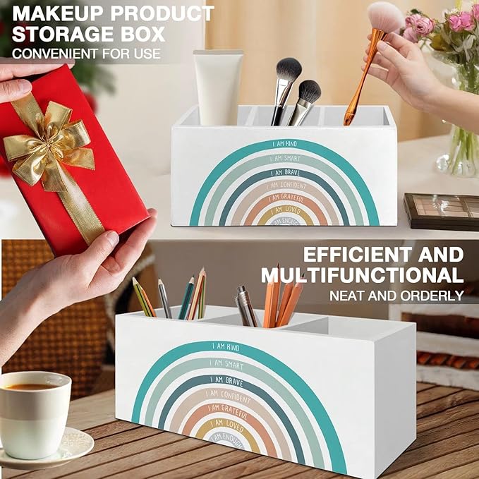 Boho Colorful Rainbow Pen Pencil Holder Organizer for Desk Accessories, Boho Classroom Decor, I Am Kind Inspirational Wooden Box Signs Decorations for Kids Room Home Desk Tabletop