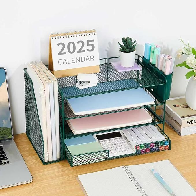 OPNICE Desk Organizer, 4-Tier Desktop File Organizer with Drawer and 2 Pen Holders, Office Desk Accessories, File Sorters, Workspace Organizers for Office Supplies(Dark Green)
