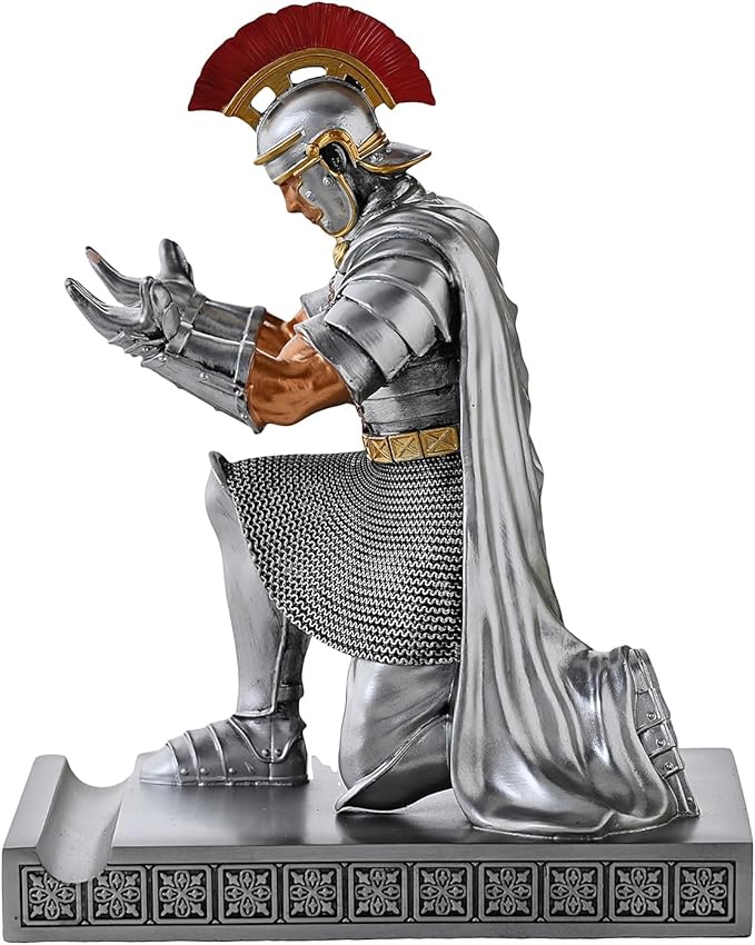Roman Praetorian Prefect Warrior Knight Pen Holder Desk Ornament Resin Praetorian Guard Mobile Phone Stand Desk Accessories and Organizer for Office with a Letter Opener (Silver)