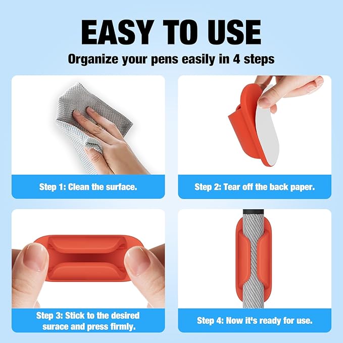 Adhesive Pencil Holders for Desk Silicone Pen Holder Organizer for Desk Accessories,Teacher Supplies for Classroom, Office, School Accessories,Notebook, WallS or Clipboards（10PCS,Red）