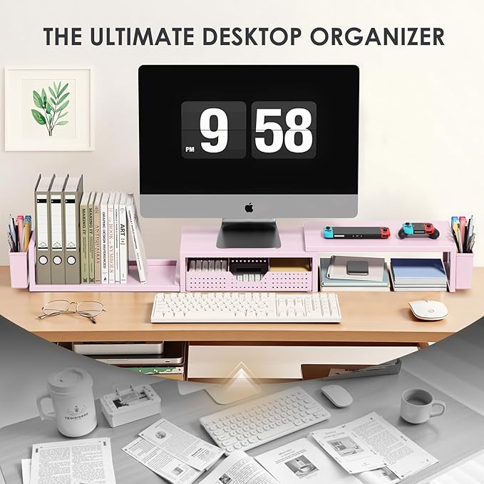 OPNICE Pink Desk Organizers and Accessories for Women, Dual Computer Monitor Stand Riser with Drawer and 2 Pen Holders, Office Desk Accessories, Workspace Desktop Organization for Office Supplies