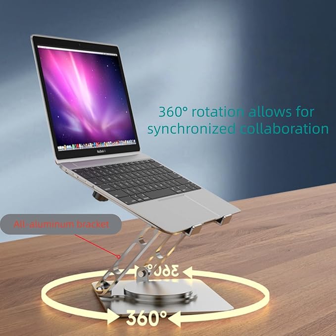 Adjustable Laptop Stand with 360° Rotating Base, Ergonomic Foldable Portable Riser Compatible with MacBook Pro Air, 10-16 Inch, Black (Black)
