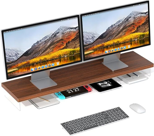 Dual Monitor Stand Riser, 40" Large Computer Monitor Stands for 2 Monitors, Wooden Desktop Organizer Shelf for Office Desk Computer, Laptop, TV, Monitor, Printer