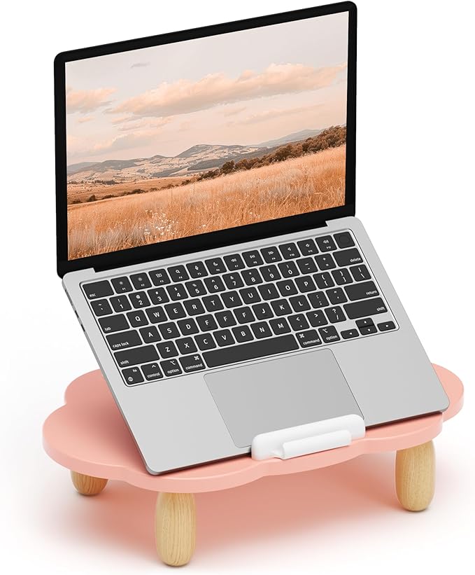 Adjustable Wood Laptop Stand, Ergonomic Height Angles Computer Stand, Cloud-Shaped Holder Riser Notebook Stand for Desk Compatible with Air, Pro, Dell, HP, Lenovo More 10-17.3" Laptops, Pink