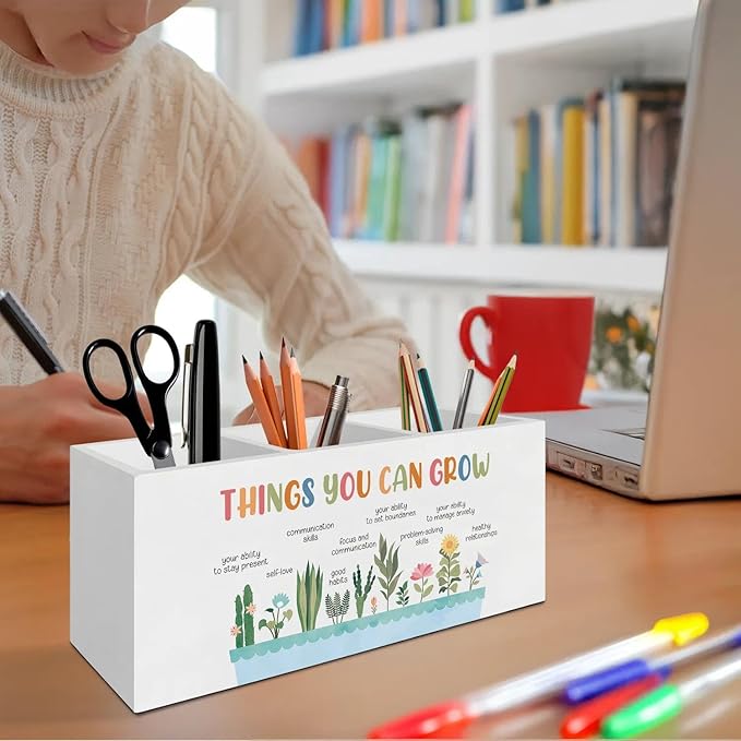Self Growth Mental Health Pen Pencil Holder Organizer for Desk Accessories, Therapy Office Decor, Things You Can Grow Wooden Box Signs Decorations for School Counselor Office Desk Tabletop