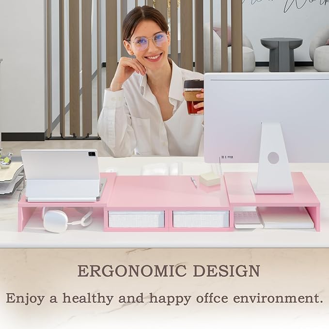 TEAMIX Pink Dual Monitor Stand Riser - Length and Angle Adjustable Monitor Stand with 2 Drawers to Storage Large Computer Riser for 2 Monitors/Laptop/PC, Wood Screen/TV Stand Desk Organizer (Pink)