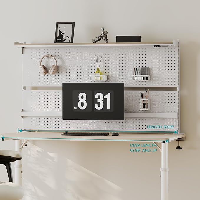 EUREKA ERGONOMIC Desk Pegboard with Dual Monitor Stands, LED Metal Pegboard for Gaming Desk, Privacy Panel with 4 Accessories Modular Hanging, Computer Accessories for Office, 59 x 34 Inch, White