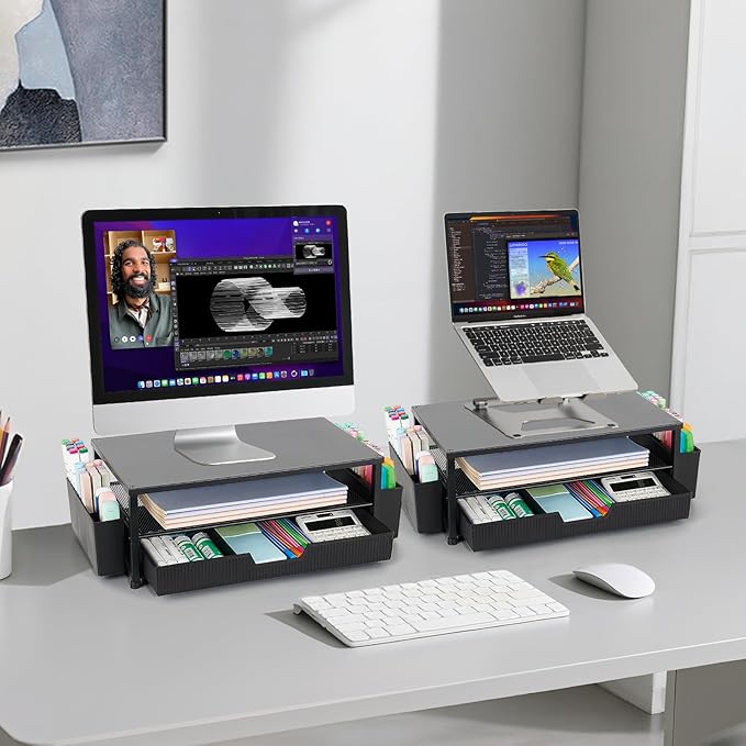 Desk Organizer and Accessories, 2-Tier Computer Monitor Stand Rise with Storage Drawer & 2 Pen Holders, Laptop & Printer Stand for Desktop, Workspace Organizers for Office Supplies (Black)