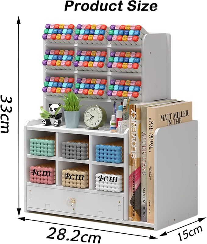 Pen organizer for desk,Marker organizer,Pen holder with drawer,Pencil Holder,with 15 Compartments and 1 Drawer, 1 File Holder Multi-Functional Desk Organizers (White)
