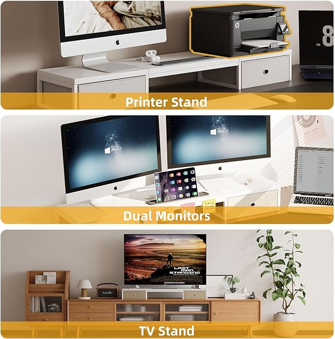 Mexin Dual Monitor Stand Riser with 2 Drawers - 39Inch Large Storage Computer Monitor Stands for 2 Monitors, Wooden Desktop Organizer Perfect for Home Office Desk, Computer, Laptop, TV, White