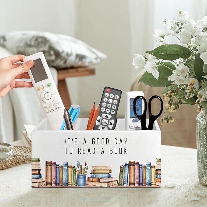 Book Lover Gifts Pen Pencil Holder Organizer for Desk Accessories, Reading Nook Corner Decor, It's a Good Day to Read a Book Wooden Box Signs Decorations for Home Classroom Desk Tabletop