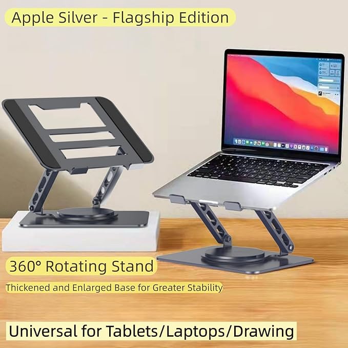 Adjustable Laptop Stand with 360° Rotating Base, Ergonomic Foldable Design, Compatible with MacBook Pro Air and Laptops 10-16 Inches (Black, Upgraded Version)