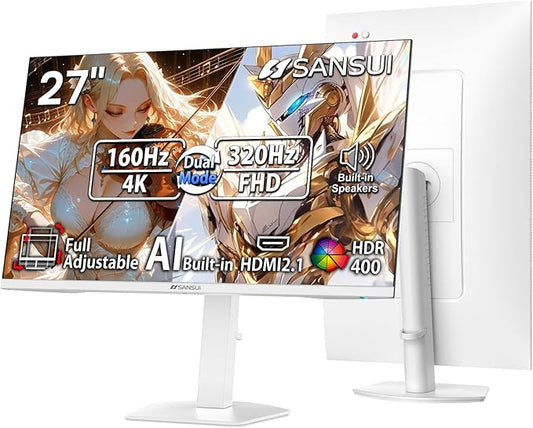 SANSUI 27" 4K Gaming Monitor, UHD 160Hz or FHD 320Hz Dual Mode PC Monitor- Fast IPS 1ms(OD) 丨2×HDMI2.1丨2×DP 1.4丨Built-in Speakers丨Eye Care丨AI Crosshair丨PIP/PBP丨HDR400丨Rotating/Height Adjustable