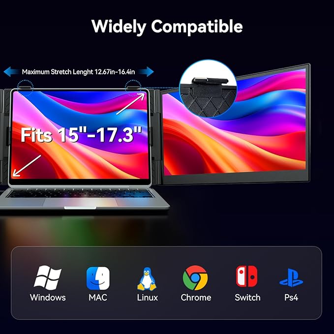 15.3" Laptop Triple Screen Extender Portable, One Cable Connection Laptop Monitor FHD 1080P IPS, Ultra Thin Dual Monitor for 13-17" Laptops, Plug & Play Compatiable with Win/Mac/Chrome/Android/Switch