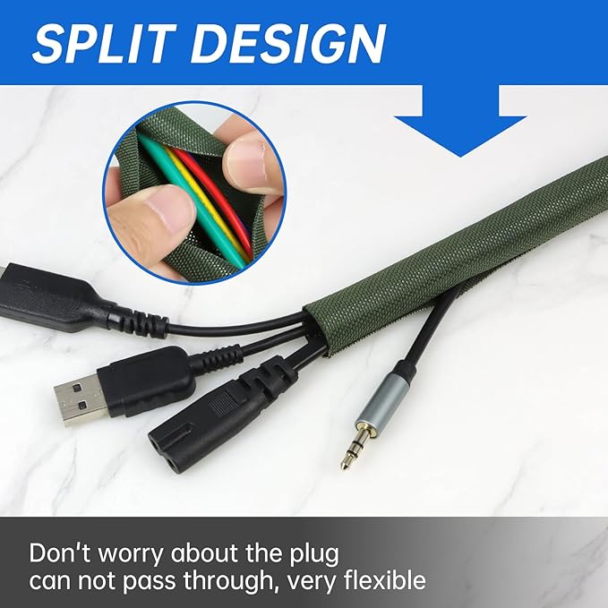 Split Braided Cable Sleeve，Flexible Wire Loom Tubing, Automotive Cord Protector Pet Proof, Cable Management for Computer TV Electric Wires Harness 16ft (Dark Green, 13mm（1/2")